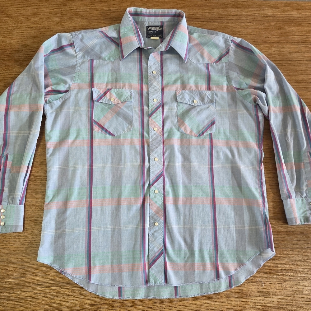 Vintage Wrangler Cowboy Cut Plaid Button Up Shirt Size 17 1/2 36